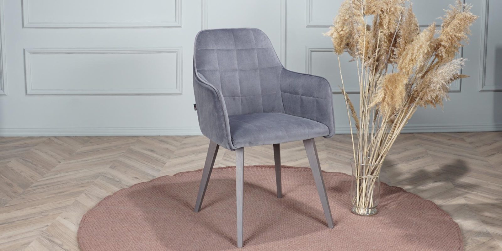 detail modern dining chair with armrest in grey velvet and oak legs