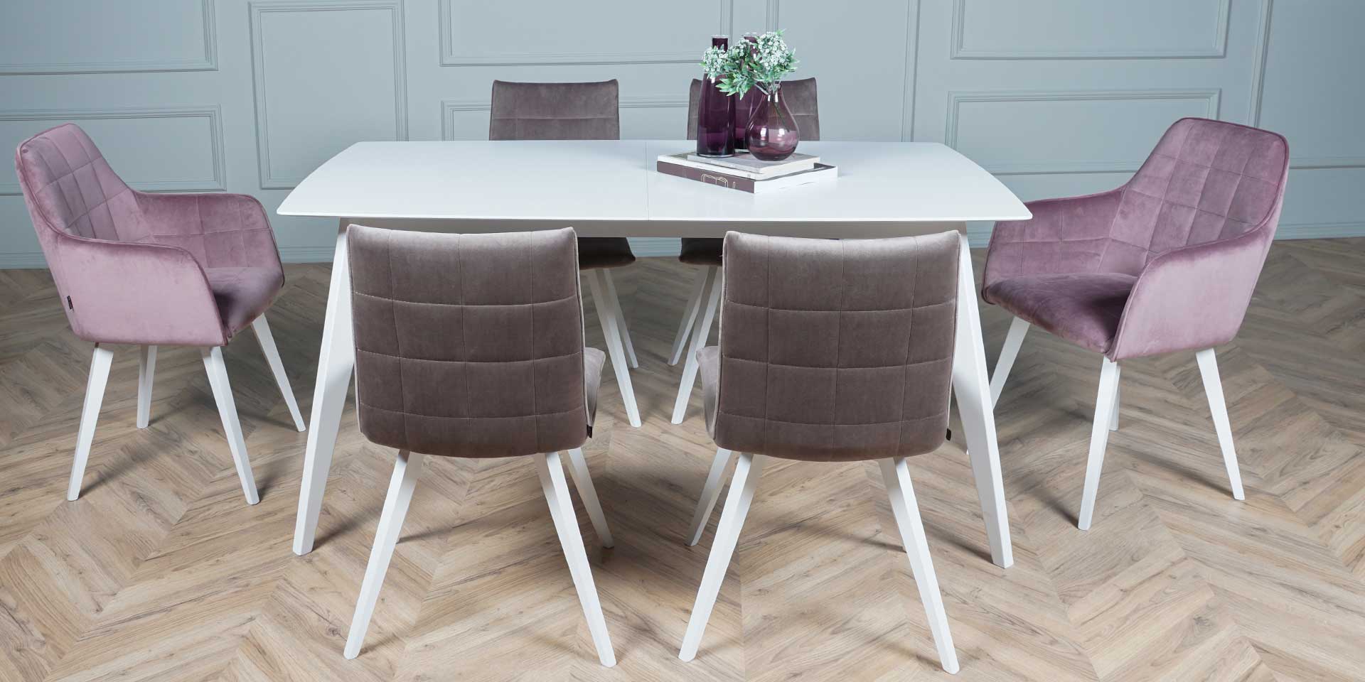 dining set with white table and rose dining chairs