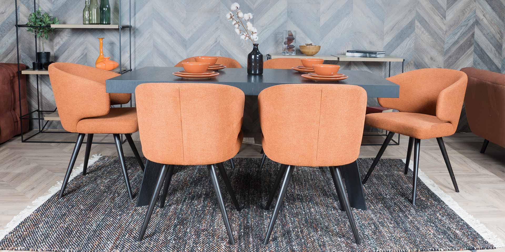 dining set black oak table and orange chairs