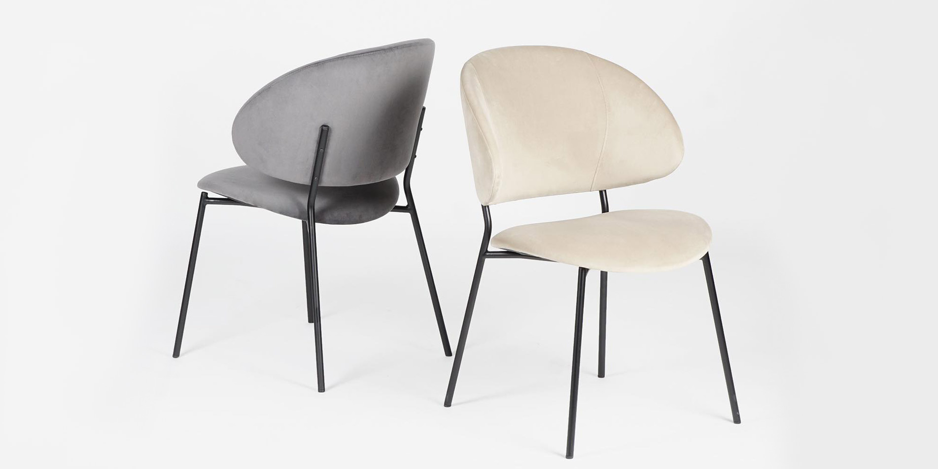 Two dining chairs Alexis in grey and cream velvet and black metal legs