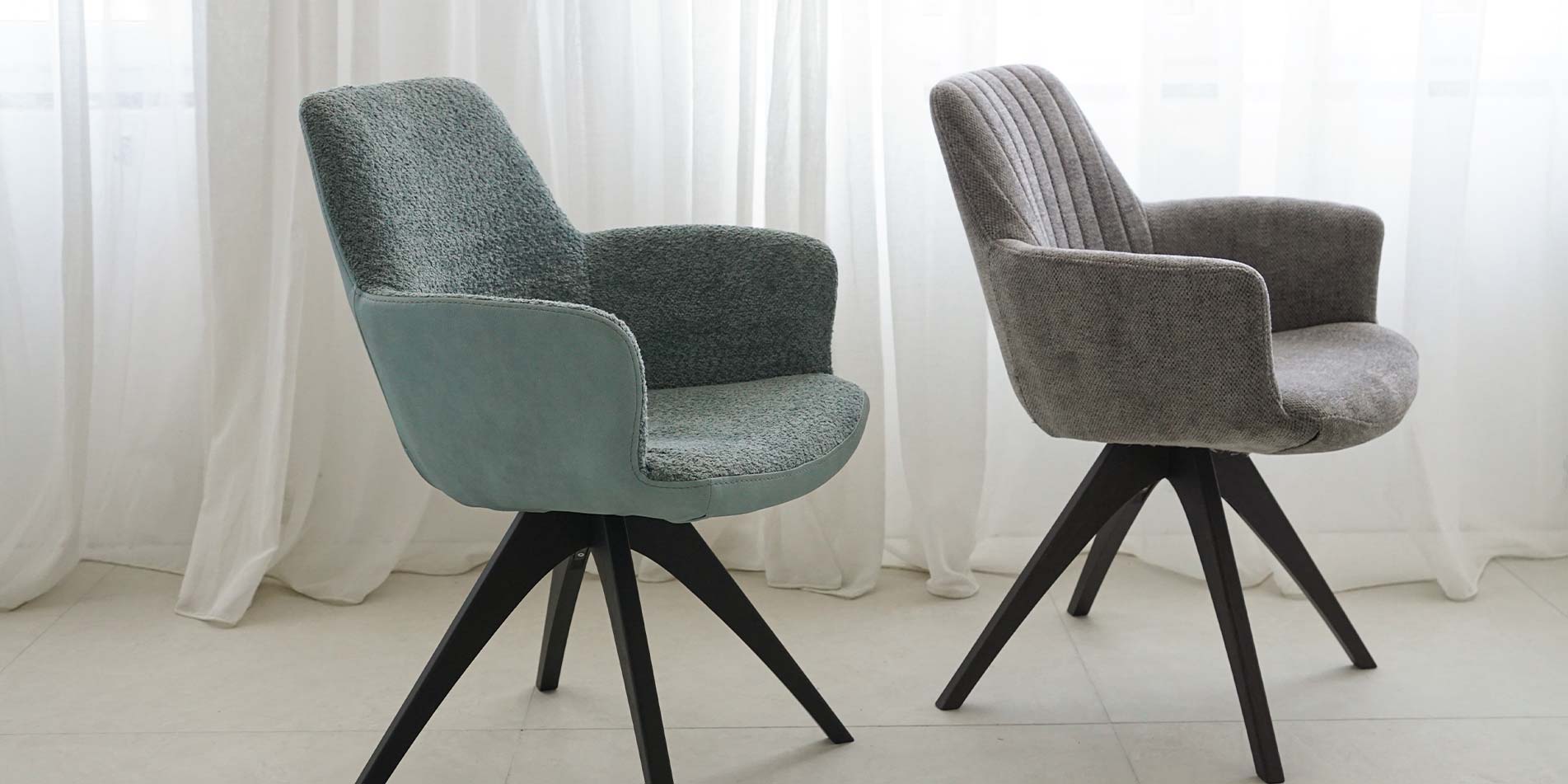 Dining armchair Asya with black oak legs and grey and mint upholstery