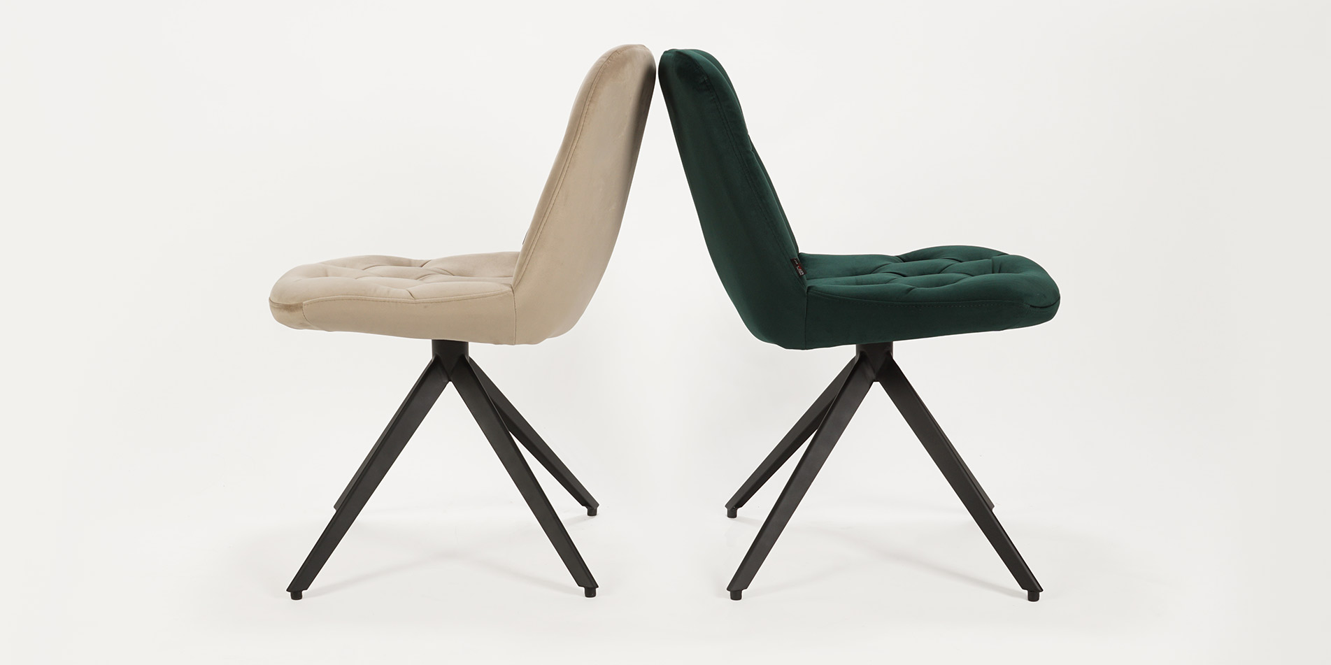 Dining chairs Chloe with steel legs and green and cream velvet