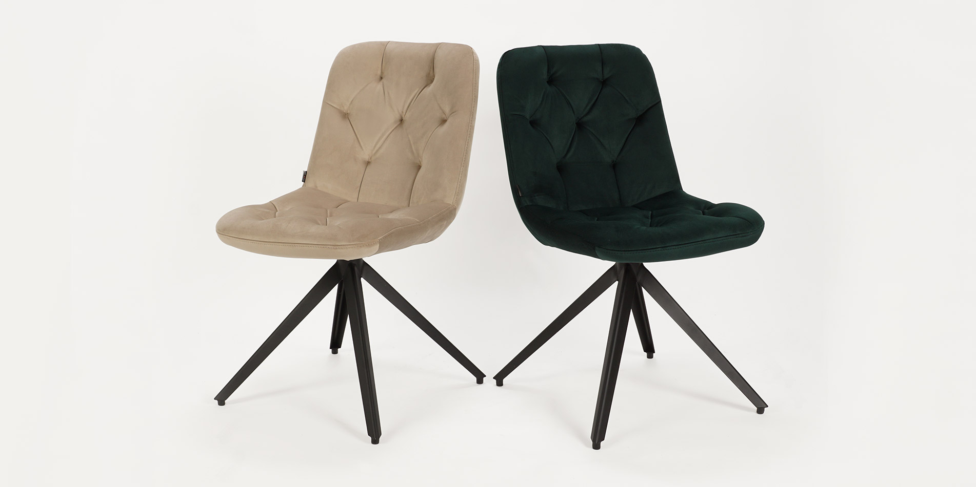 Dining chairs Chloe with steel legs and green and cream velvet