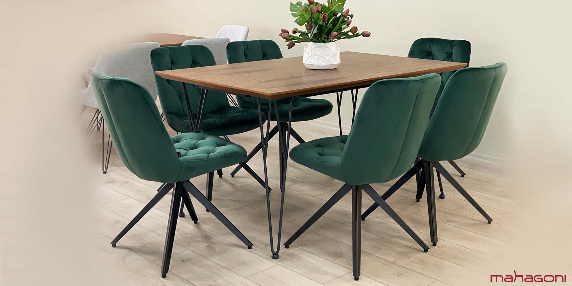 Dining chairs Chloe with steel legs and green velvet with walnut table