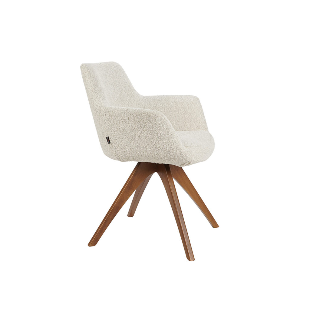 Трпезариската столица Керол со бука ногарки нијанса 3 и мебел штоф букле од штоф карта Glamur 2 cream.