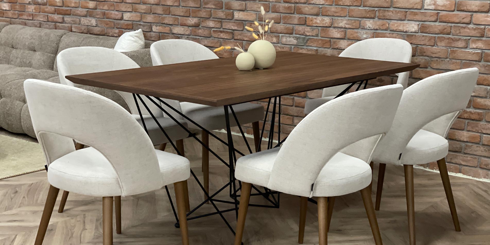 Dining table Orion with walnut top and beige chairs by Mahagoni Furniture