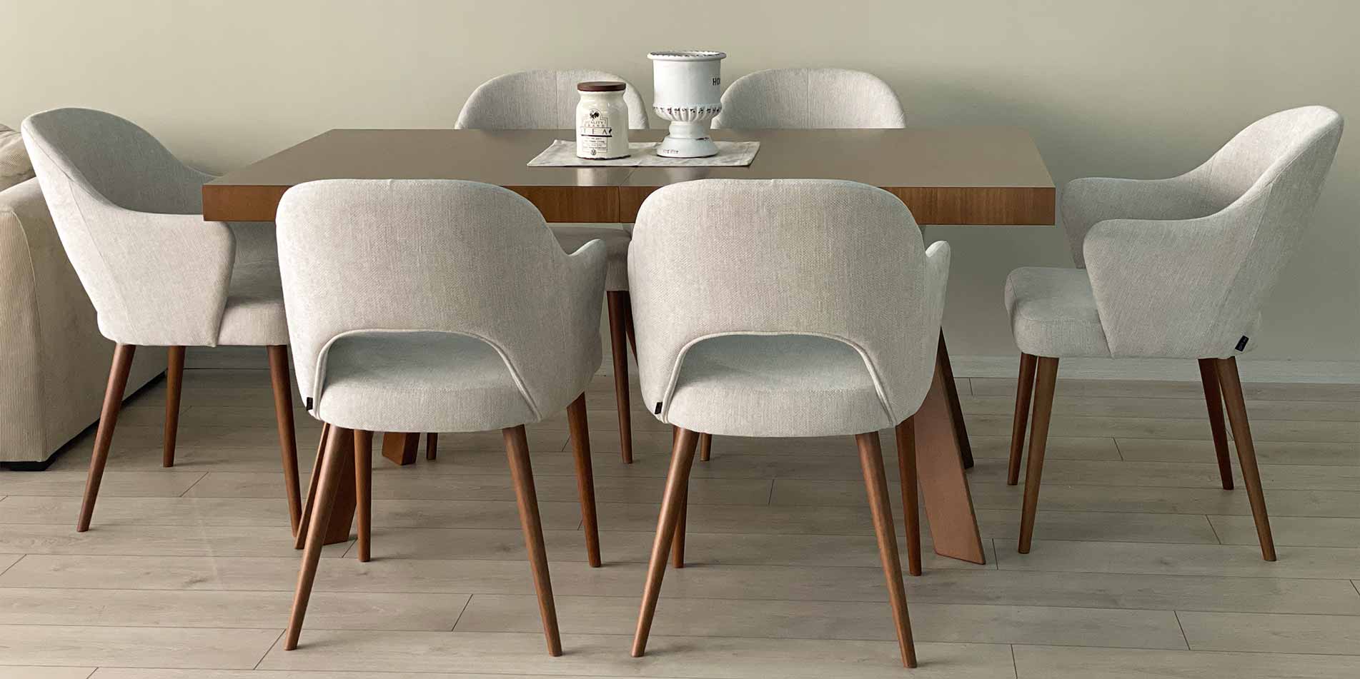 Dining table Vega by Mahagoni Furniture in beech wood and beige dining chairs