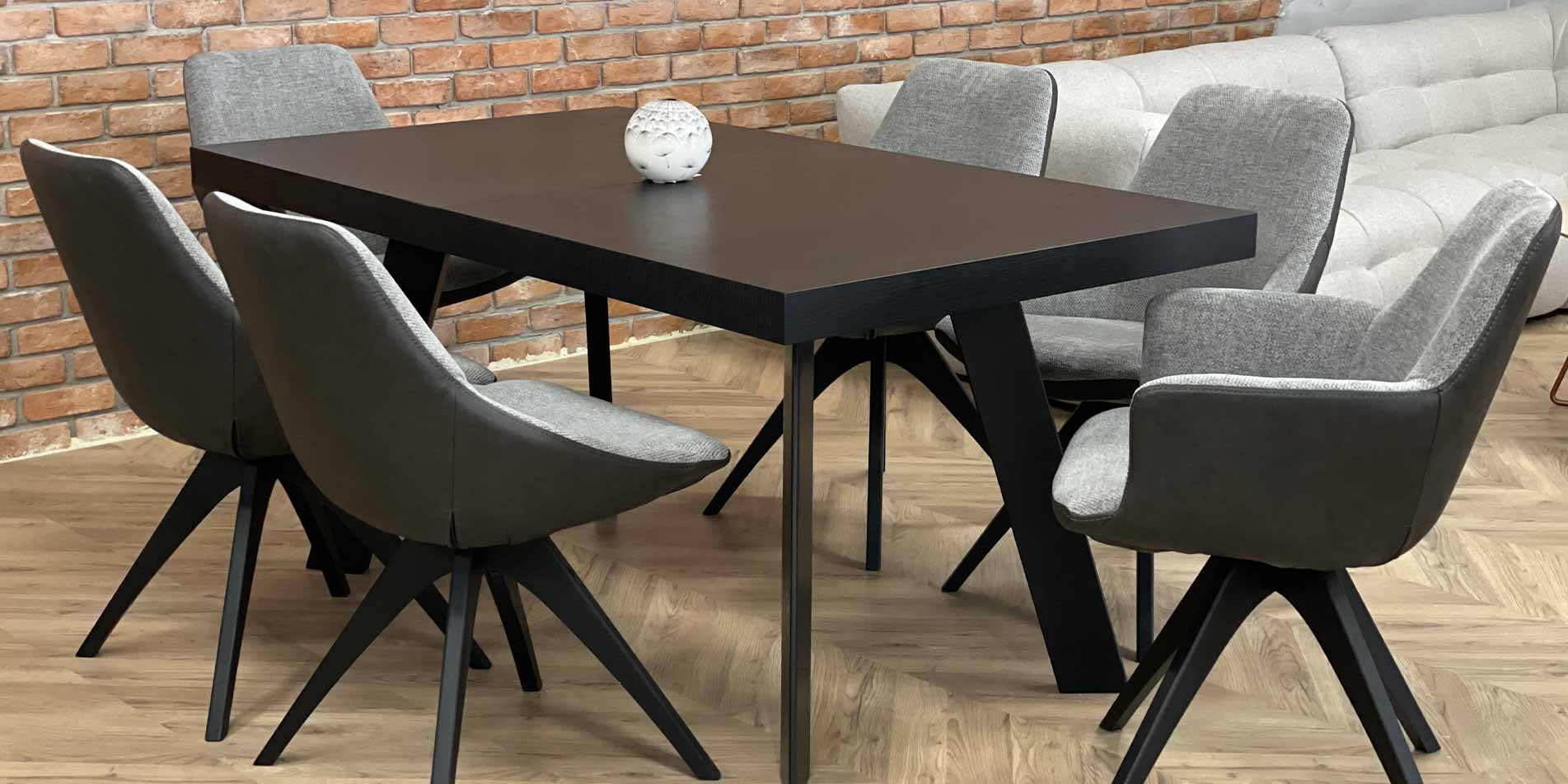 Dining table Vega by Mahagoni Furniture in black oak wood and grey dining chairs