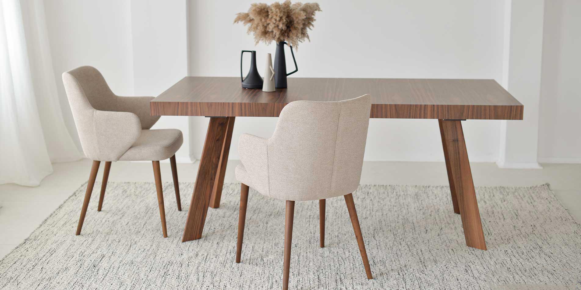 Dining table Vega by Mahagoni Furniture in walnut wood and beige dining chairs