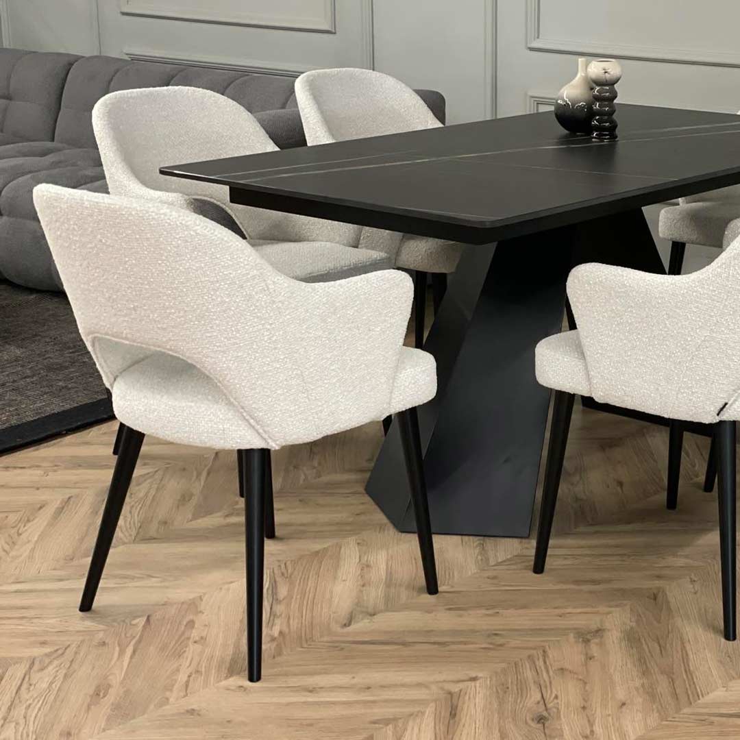 Dining set with dining table with Laminam table top and white upholstery dining chairs by Mahagoni Furniture
