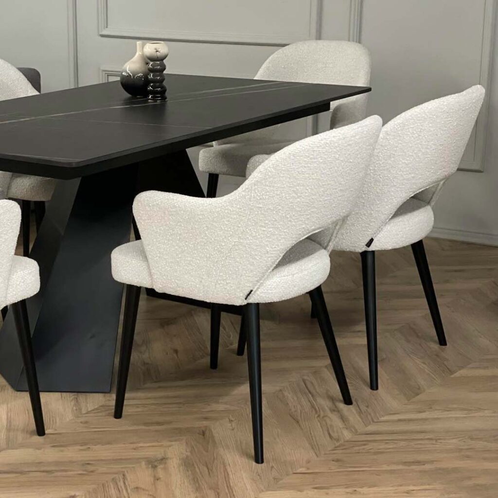 Dining set with dining table with Laminam table top and white upholstery dining chairs by Mahagoni Furniture