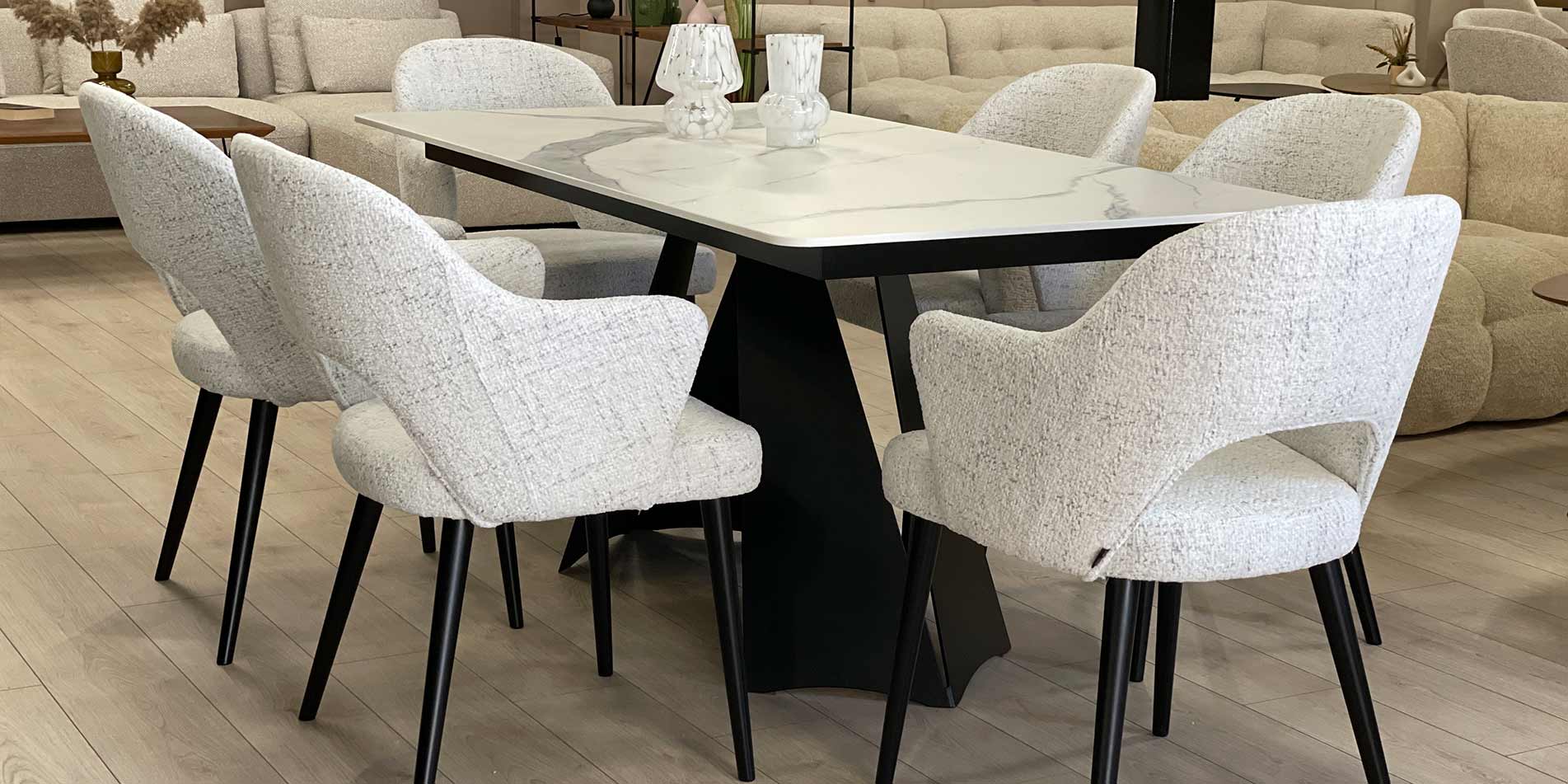 Dining table Cassini with white tabletop from Laminam and black metal legs