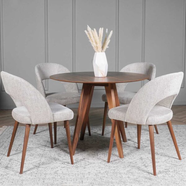 Мала кружна трпезариска маса од МДФ орев со столица во светло крем мебел штоф