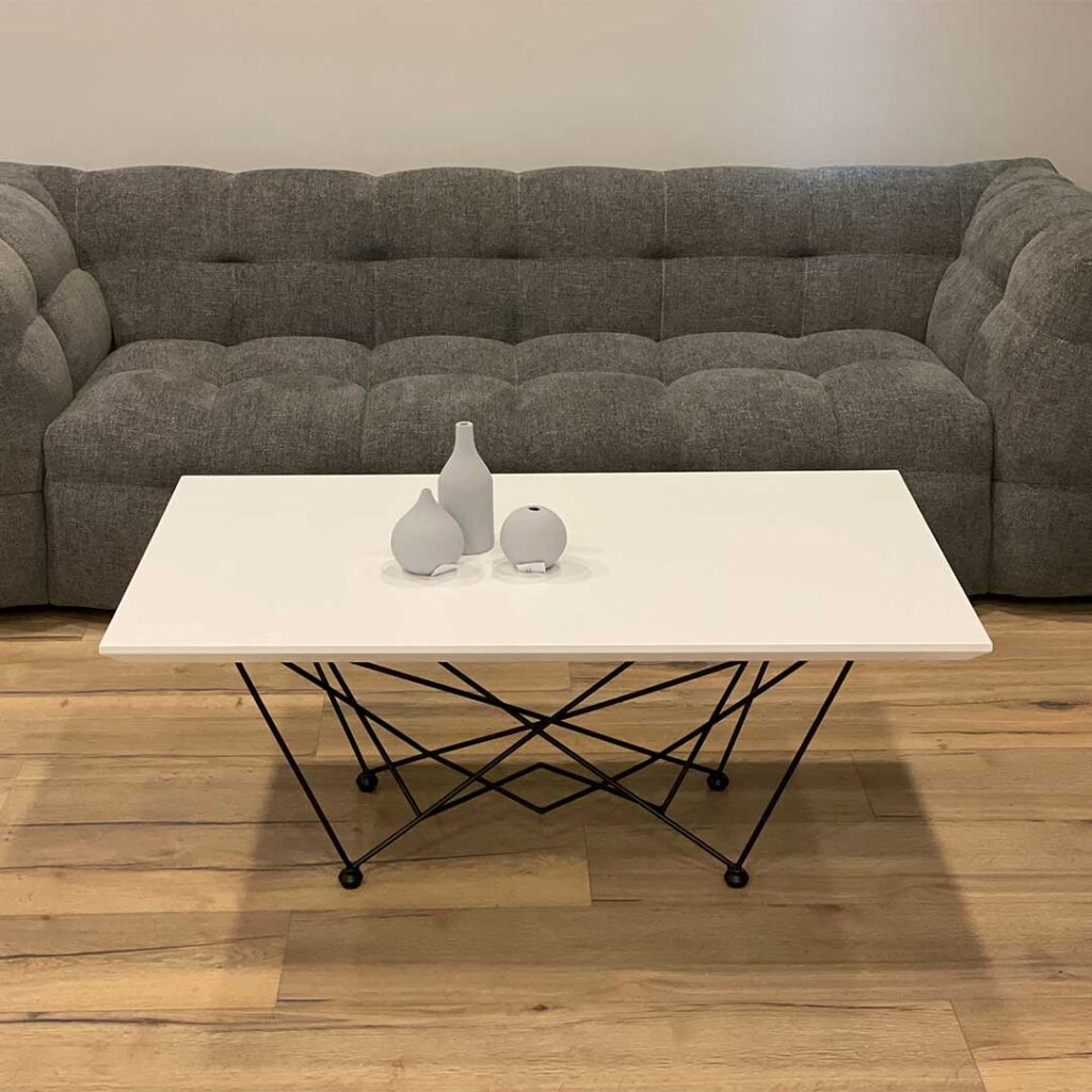 klub masa Orion so plotna MDF bela mat i isprepleteni metalni nogarki