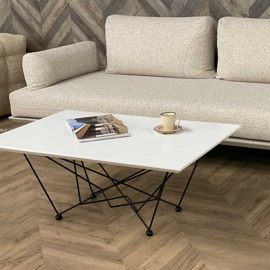 klub masa Orion so plotna MDF bela mat i isprepleteni metalni nogarki