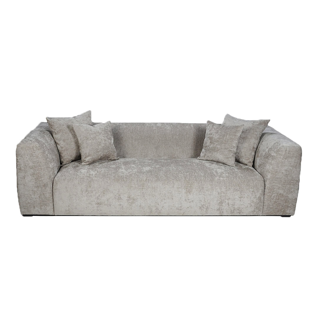 Three setter Vanity in beige upholstery.