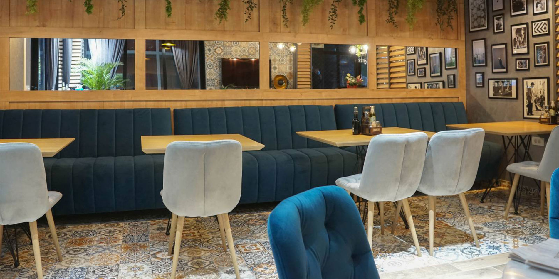 design restaurant bench seating in denim velvet.