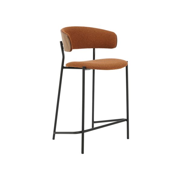 Bar chair with walnut veneer seat and black metal legs.