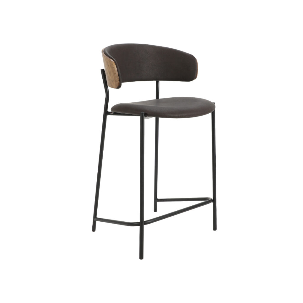 Barska stolica so metalni nogarki, vo crna koza i furnir od orev.