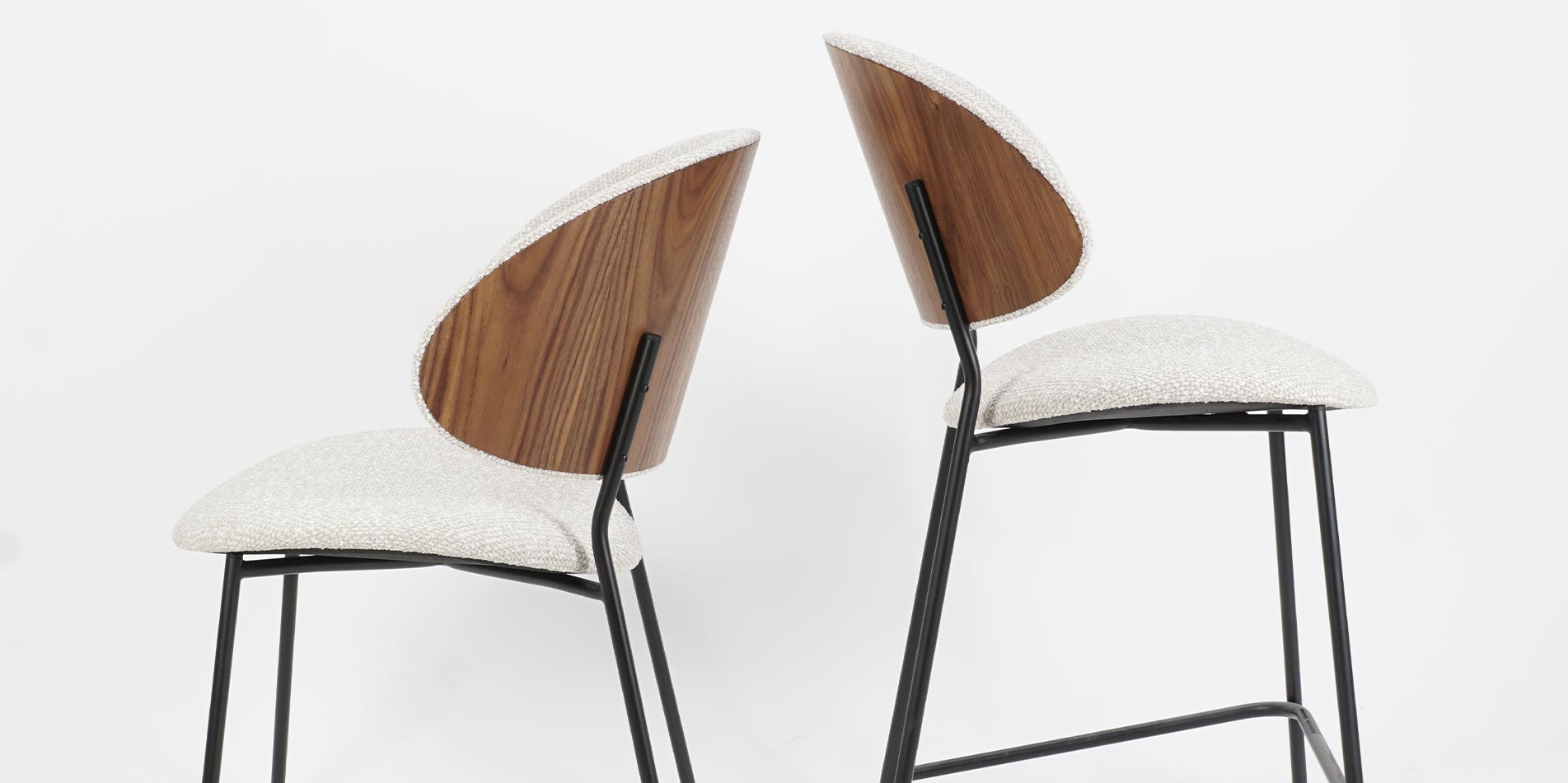 Collection Alexis dining and bar chair with walnut veneer back and beige upholstery.