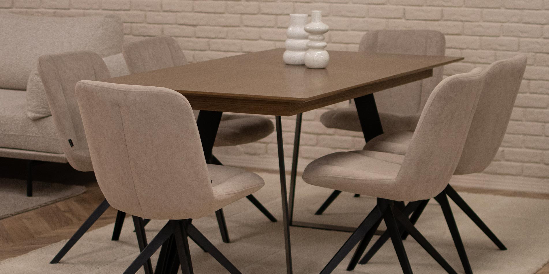Dining set in beige and oak dark wood.