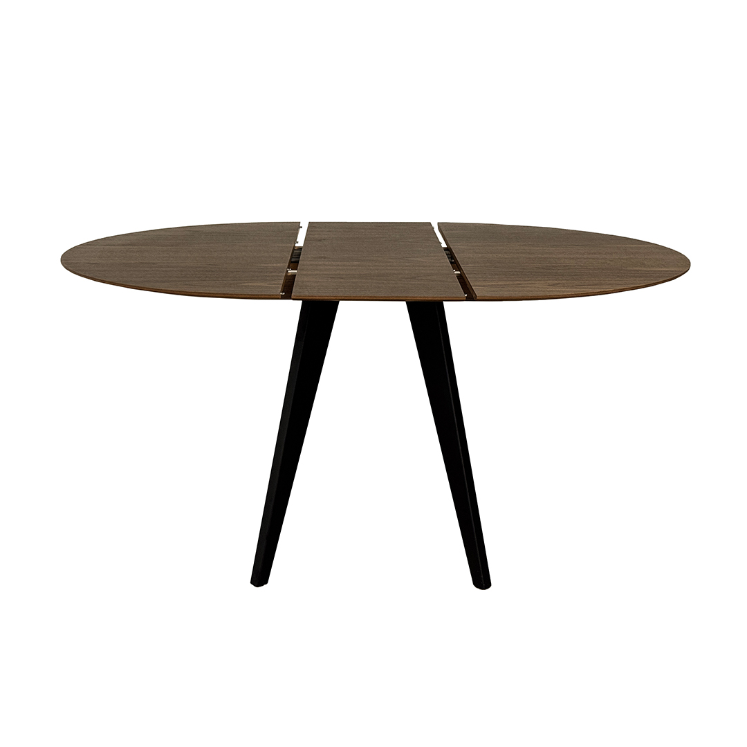 Мала кружна маса со опција за продолжување од орев и црни дрвени ногарки.