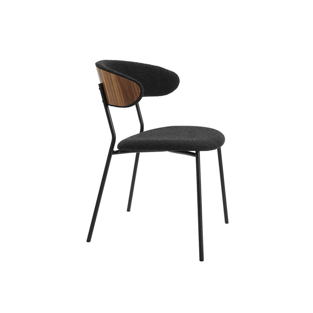 Dining chair in black upholstery and walnut veneer, with black metal legs