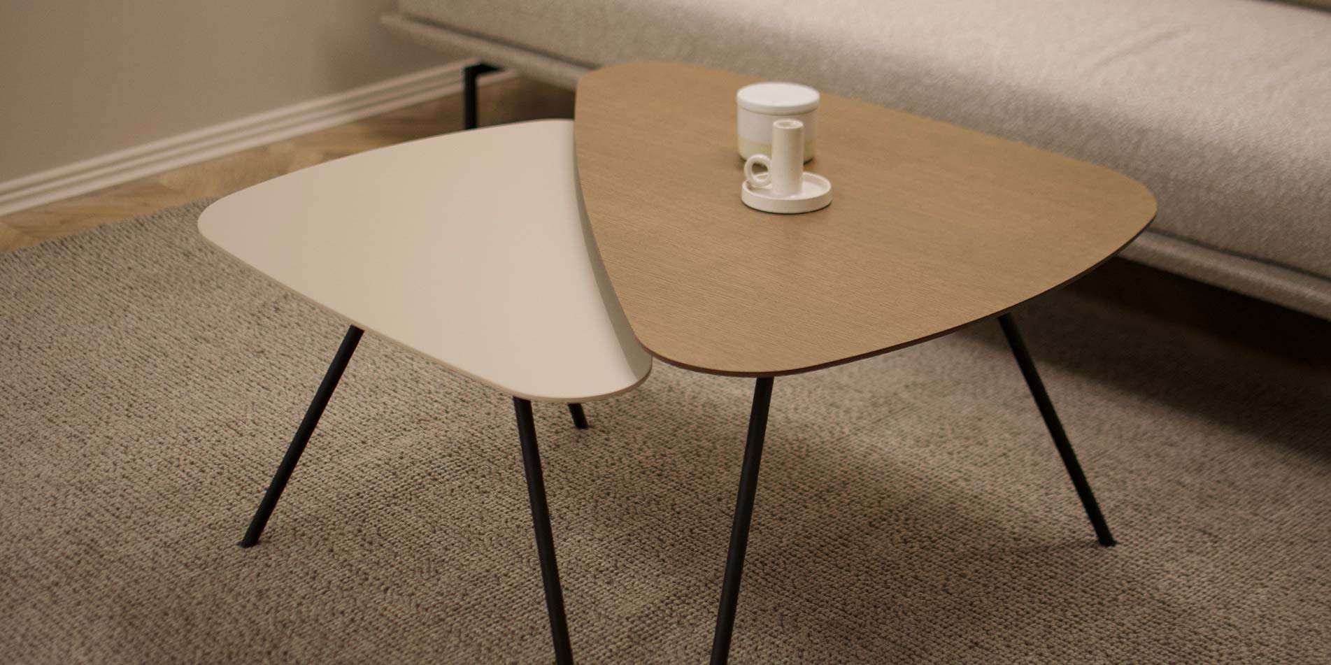 Coffee table with three angle form, in combination of oak and beige MDF.