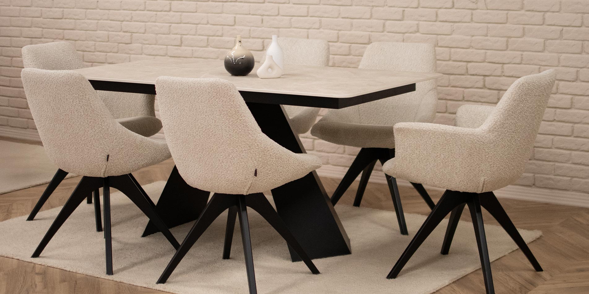 Dining table Hugo with ceramic table top in beige and black metal legs by Mahagoni Furniture.