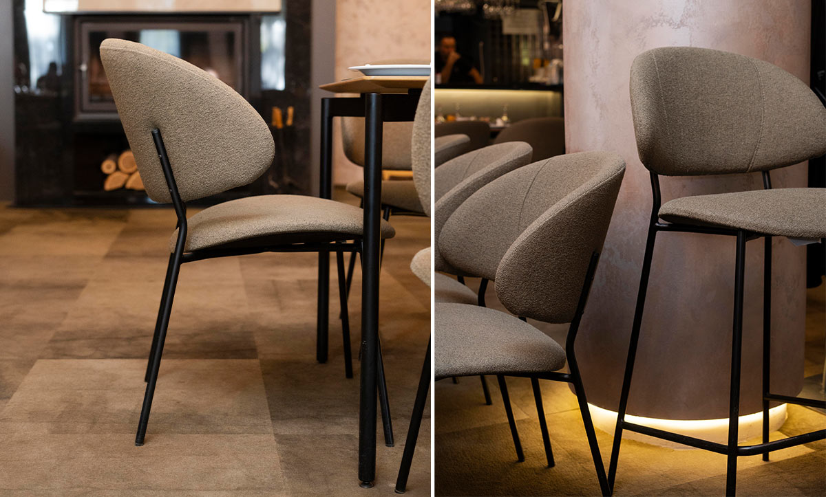 Riben restoran Fratelis so mebel od Mahagoni Furniture, stolica Alexis vo zelen stof