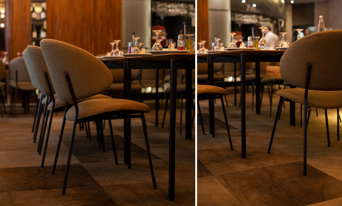 Riben restoran Fratelis so mebel od Mahagoni Furniture, stolica Alexis vo zelen stof