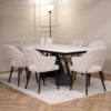 Trpezariska masa Cassini so plotna Laminam vo bela boja so crni metalni nogarki i beli stolici.