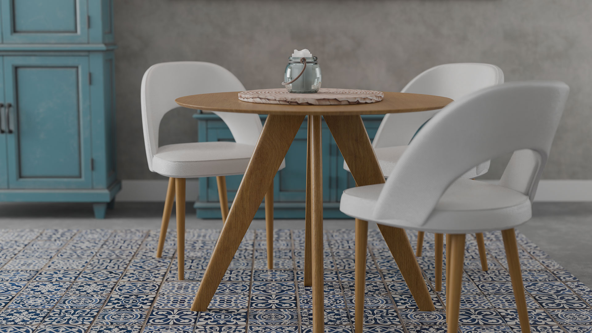 small round dining table from oak wood, with dining chairs in beige upholstery. 