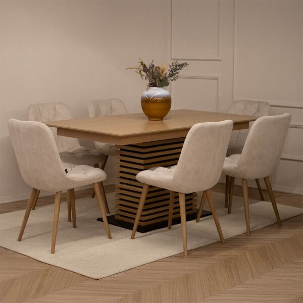 Trpezariska masa Titan od dab so sreden stolb so horizontalni letvicki.