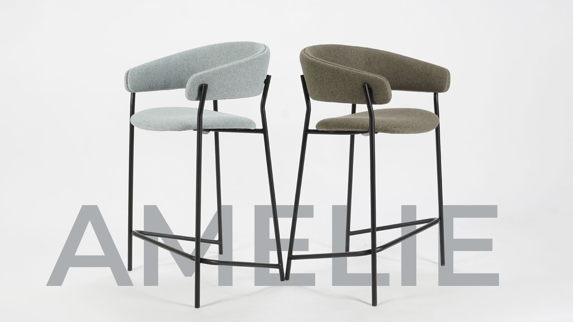 Барски столици Амели со црни метални норки и мебел штоф во минт и зелено за кафе бар.