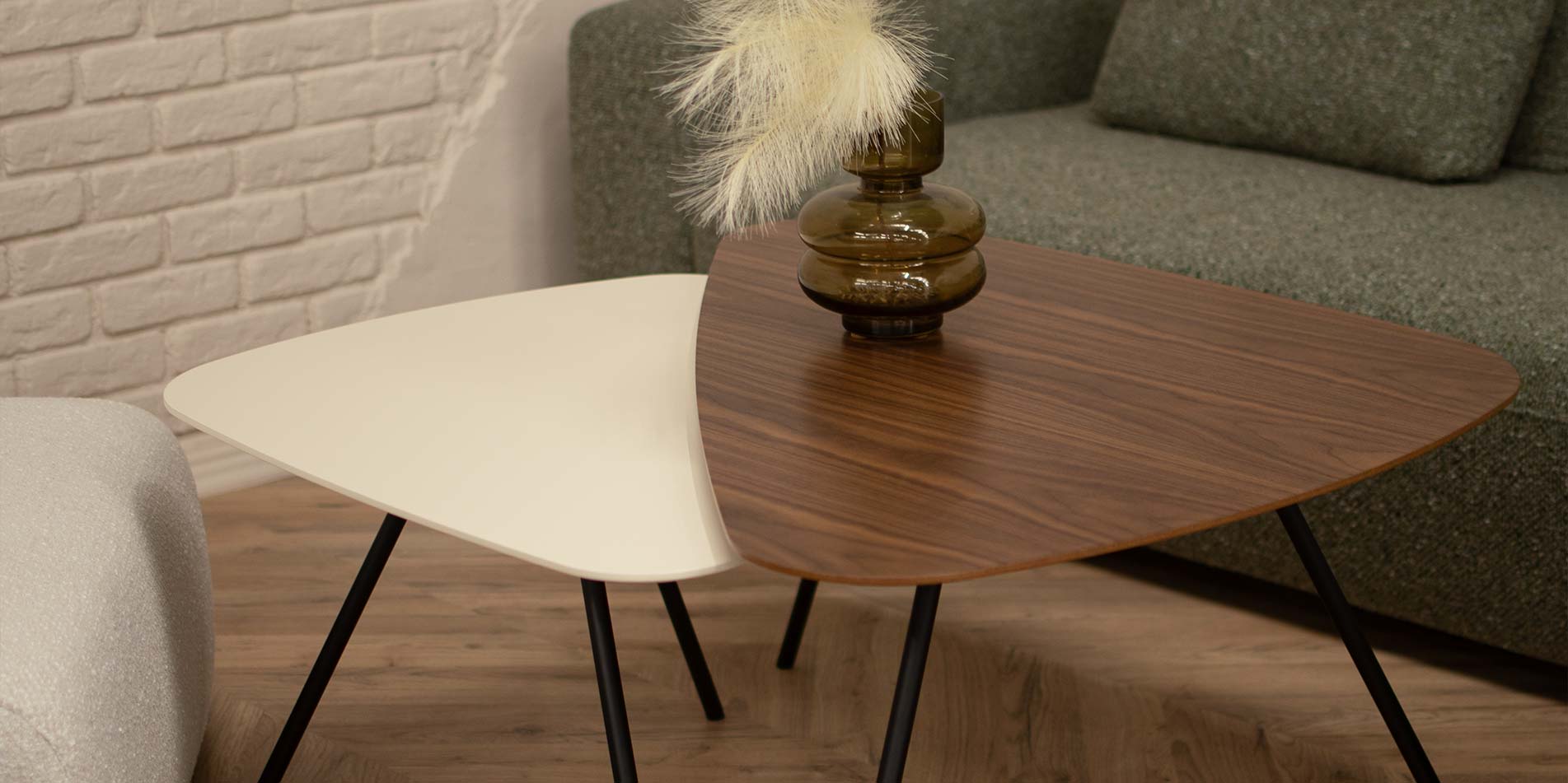 Coffee table with three angle form, in combination of walnut and beige MDF.
