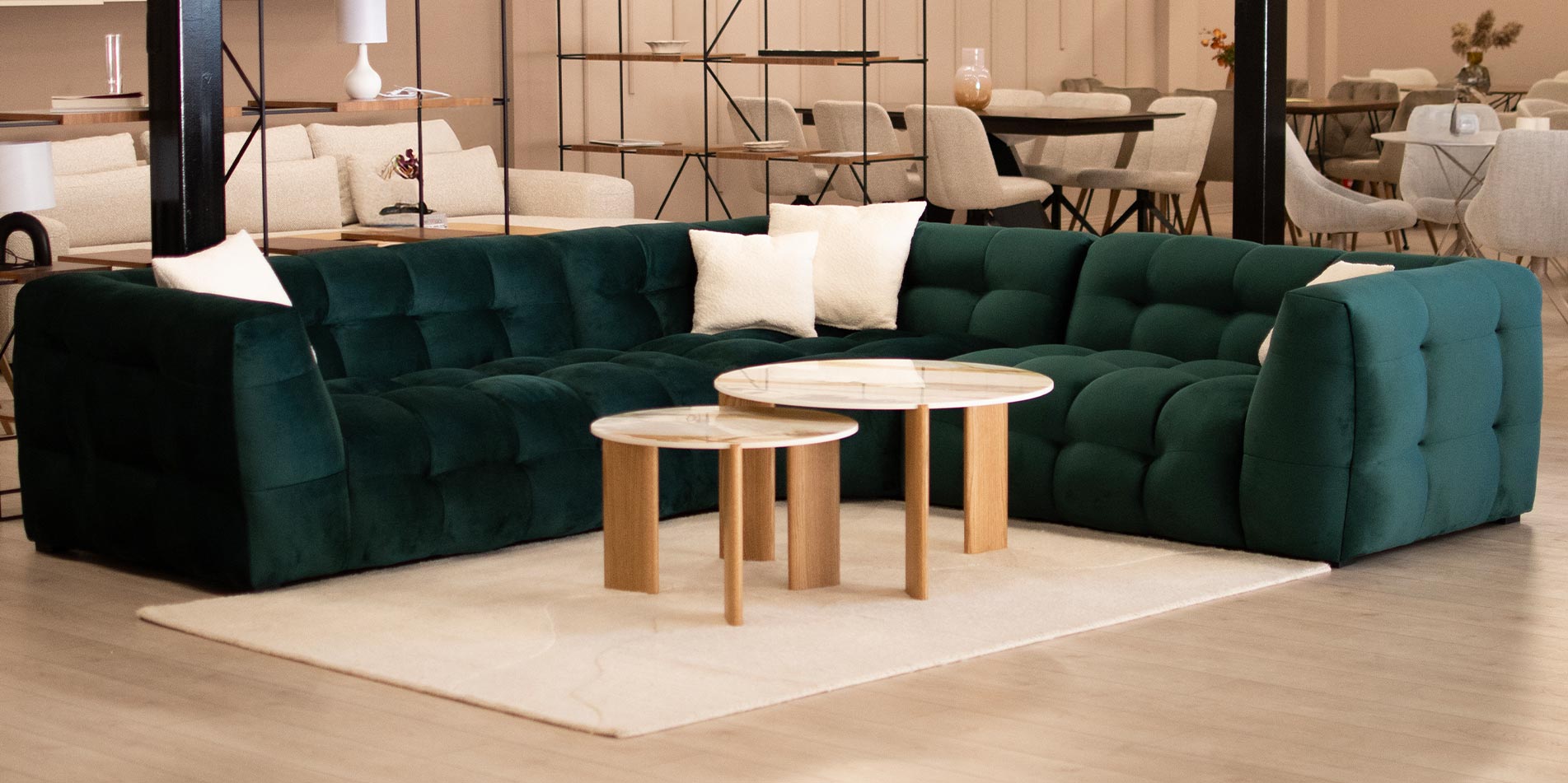 Coffee tables Torio with natural oak legs and a silky-smooth Laminam top.