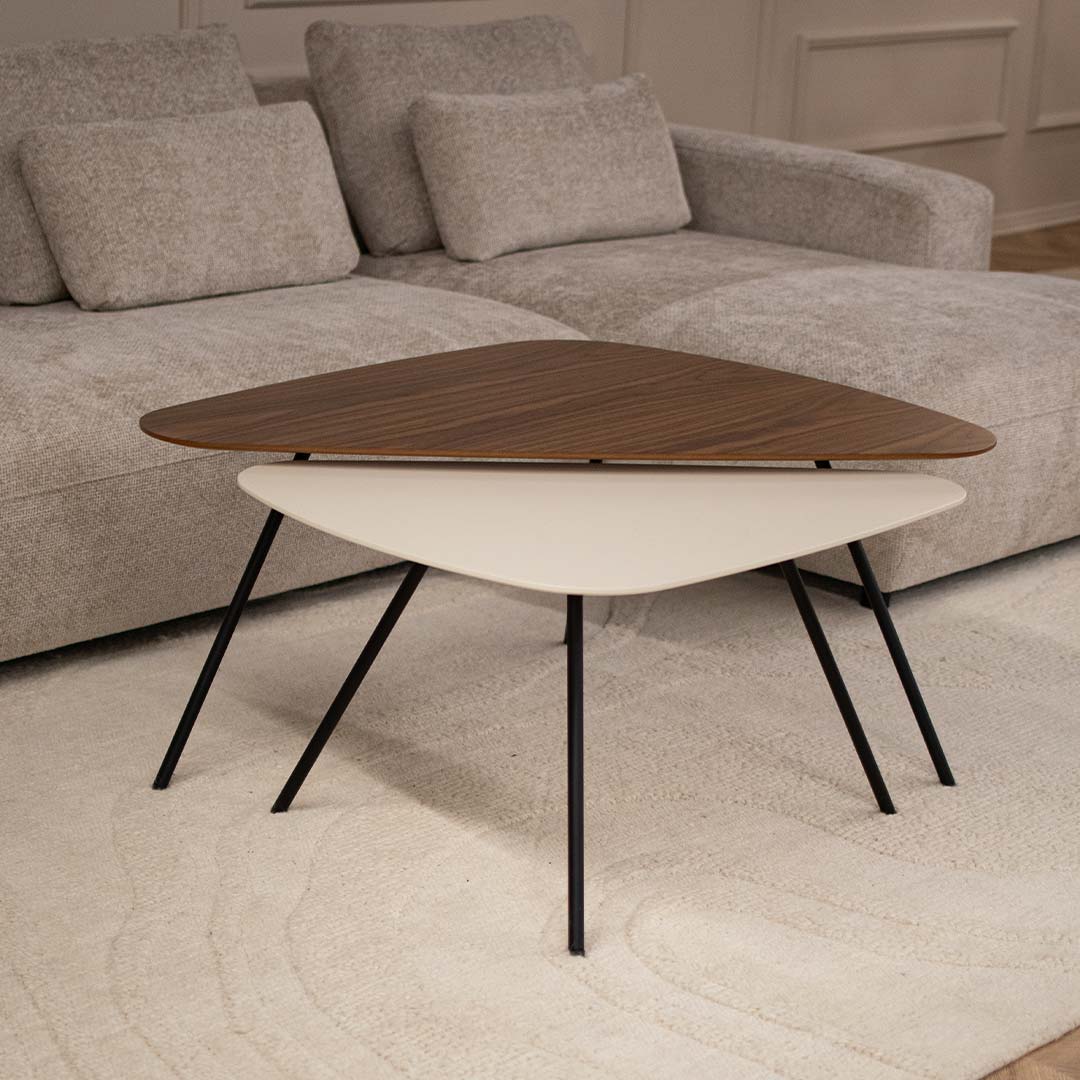 Coffee table with three angle form, in combination of walnut and beige MDF.