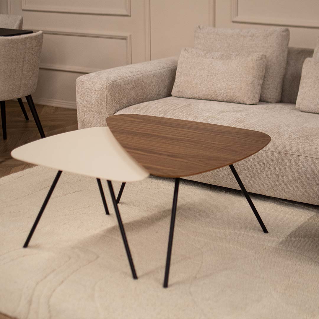Coffee table with three angle form, in combination of walnut and beige MDF.