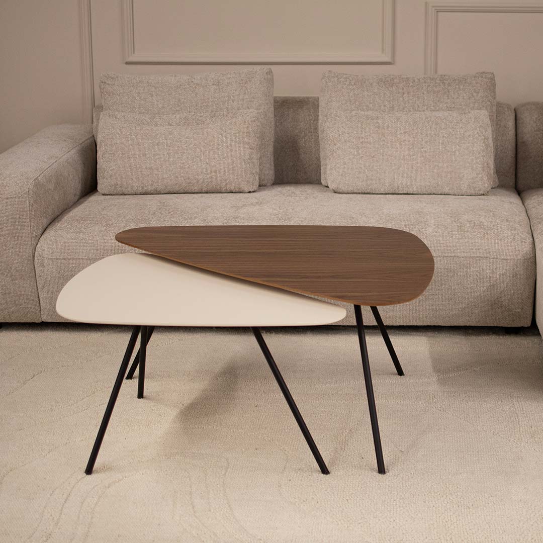 Coffee table with three angle form, in combination of walnut and beige MDF.