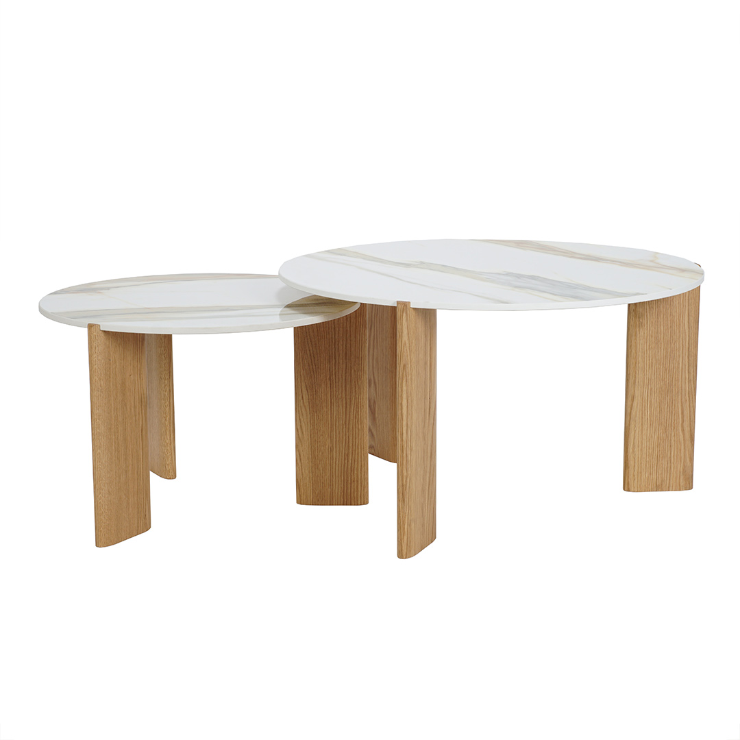 Coffee tables Torio with natural oak legs and a silky-smooth Laminam top.