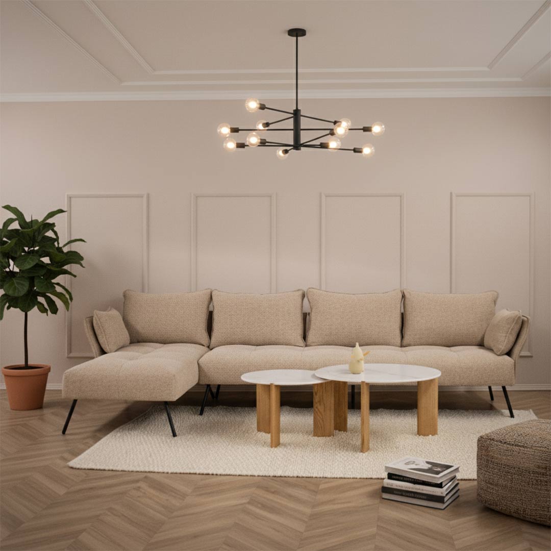 Agolna garnitura Sienna vo beige i metalni nogarki.