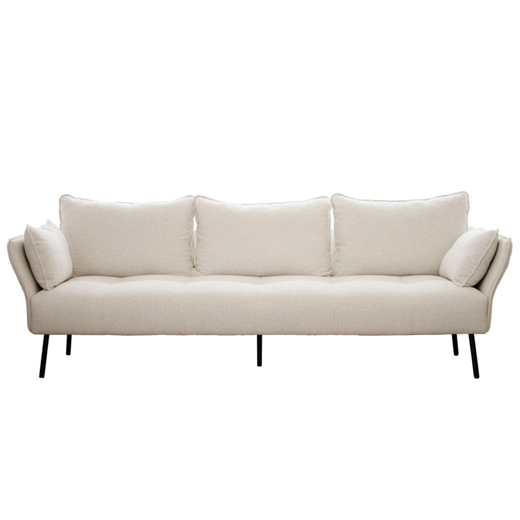 Троесед Сиена со удобни перници и меко седло, вобел мебел штоф и црни метални ногарки.