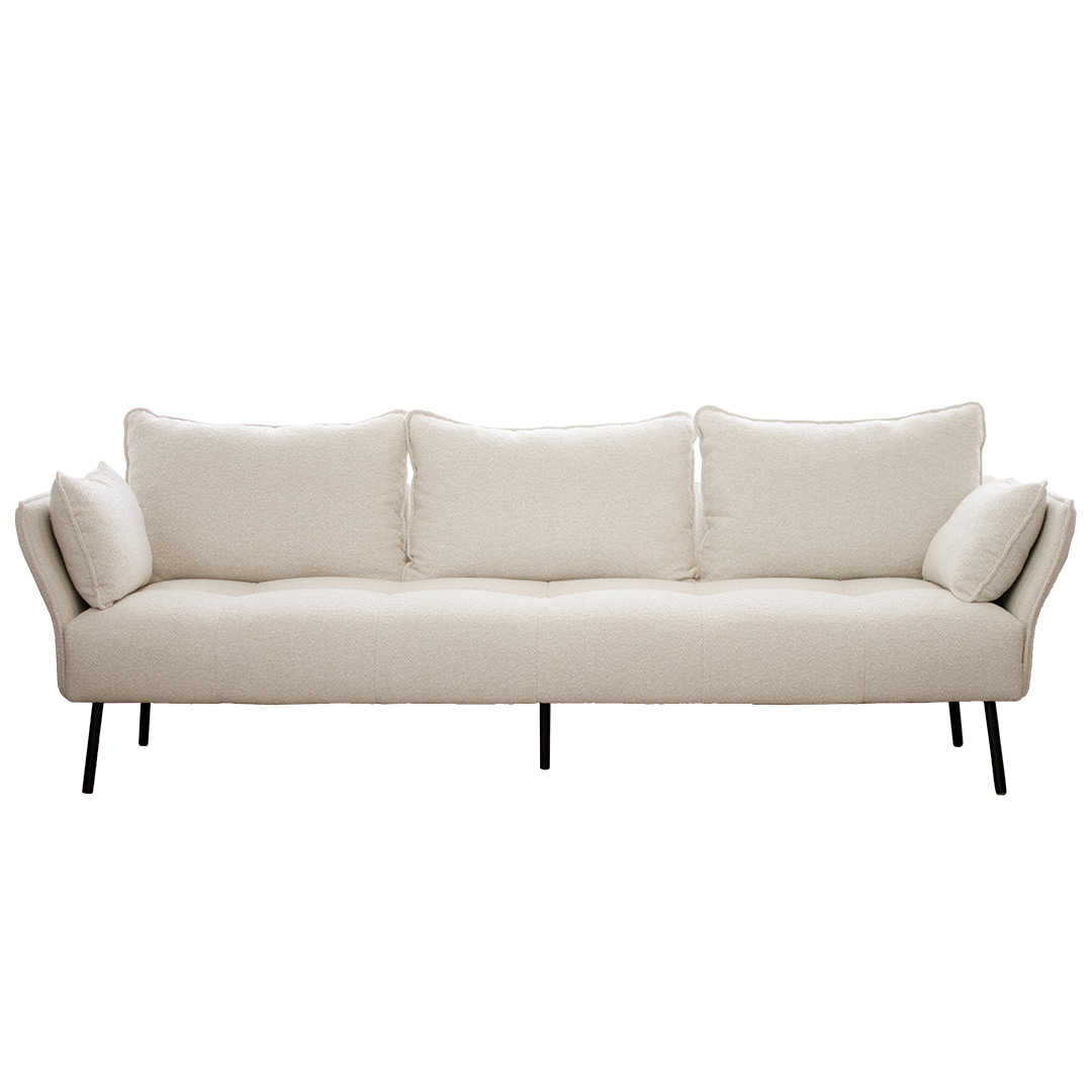 Троесед Сиена со удобни перници и меко седло, вобел мебел штоф и црни метални ногарки.