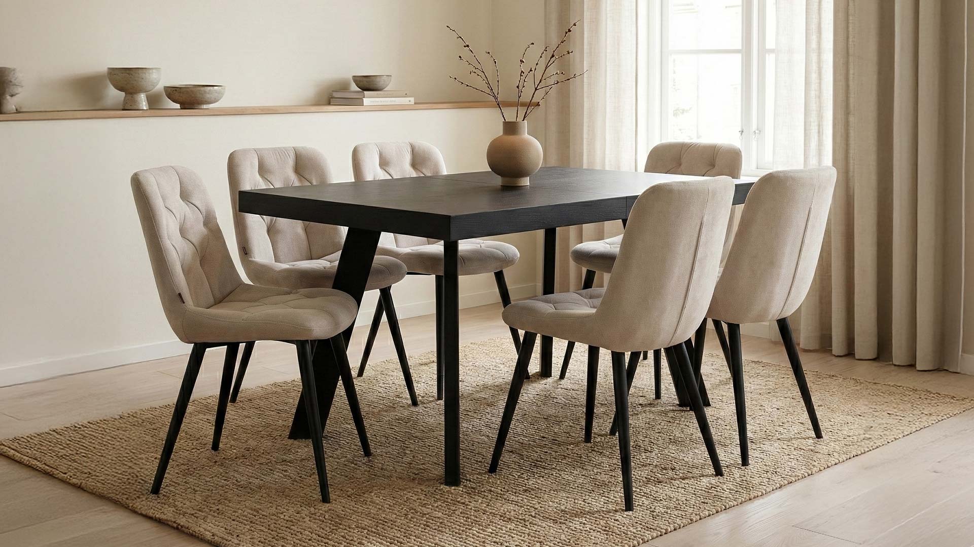 Комбинација на трпезариски сет од Темен даб + беж ткаенина