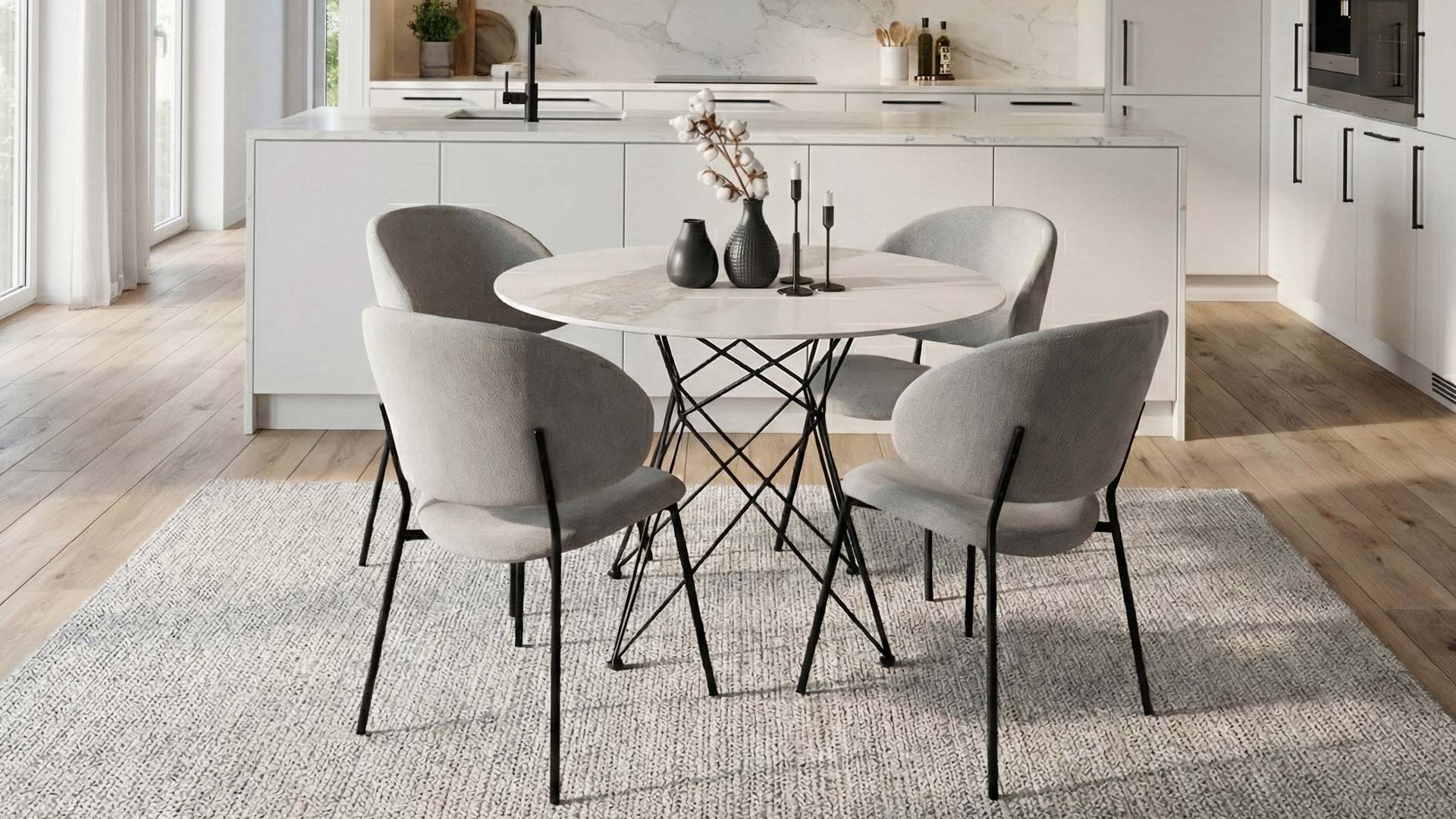 Комбинација на трпезариски сет со Керамичка плотна со сива шара + сиви столици