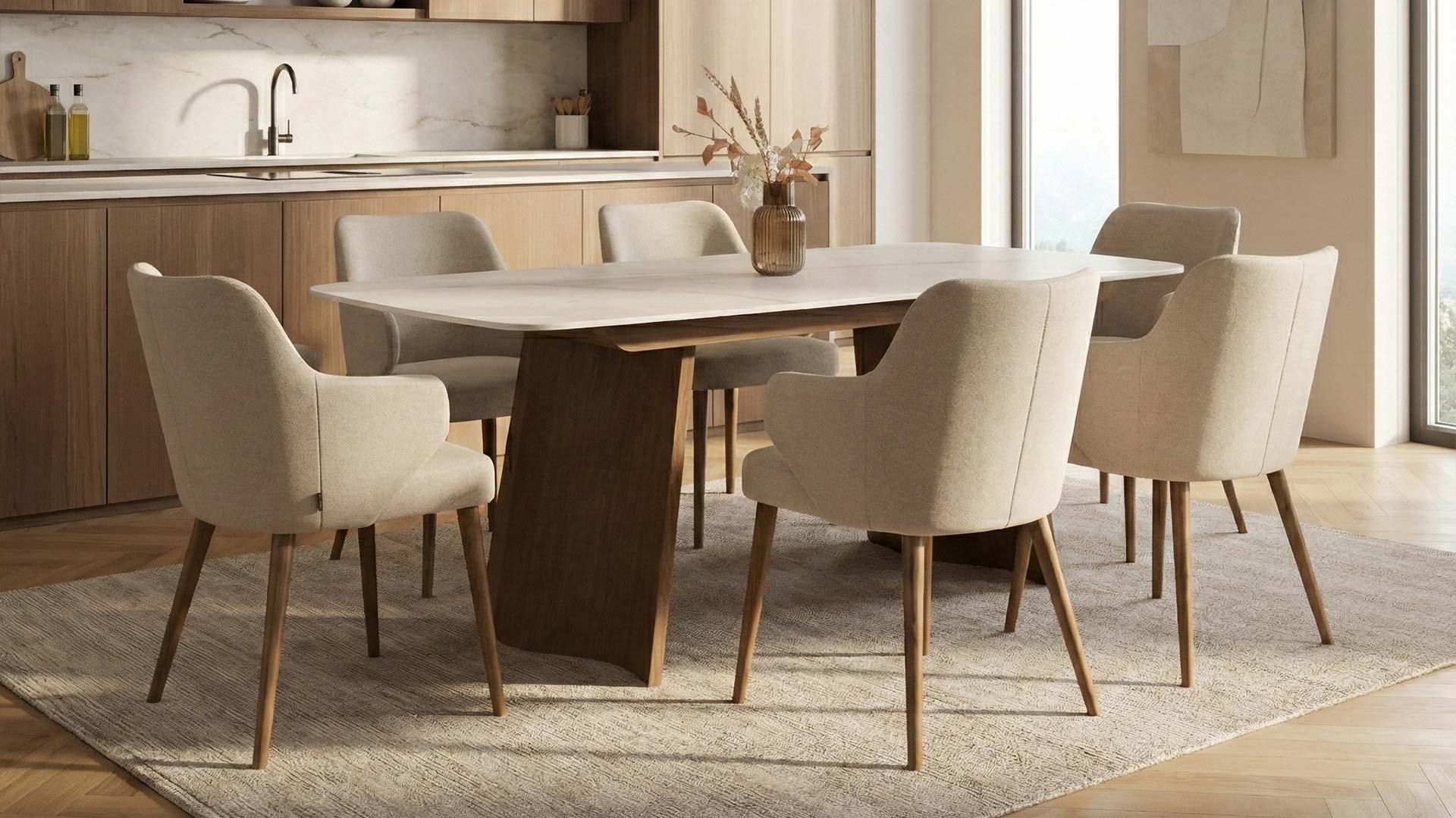 Комбинација на трпезариски сет со  Керамичка плотна (крем/кафеави шари) + крем ткаенина