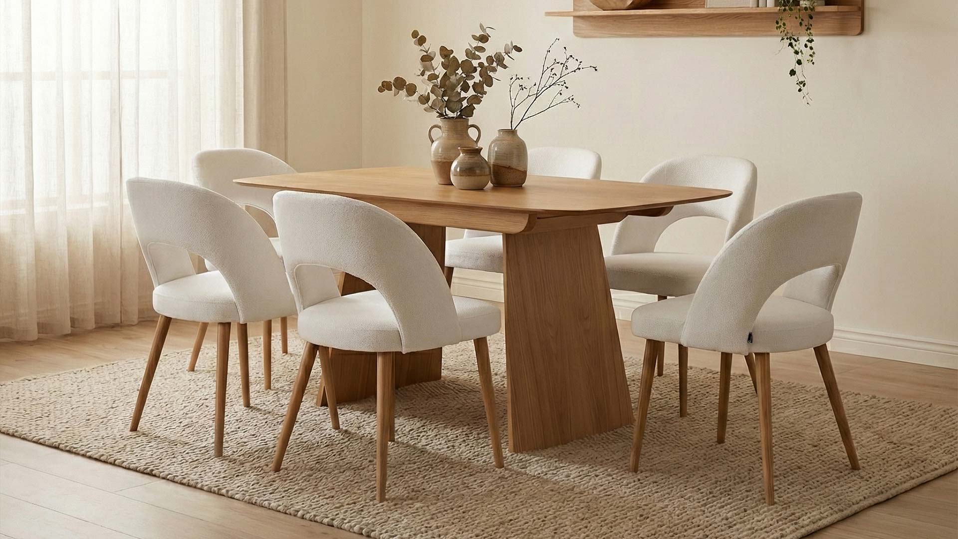 Комбинација за трпезариски сет од Маслен даб (oiled oak) + бела ткаенина