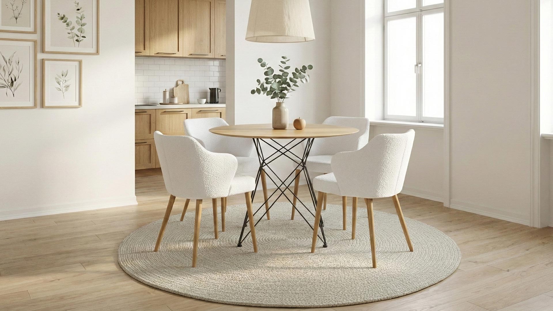 Мала кружна маса со кружен килим од волна. 