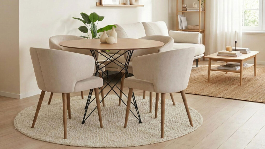 Кружен килим: кога и зошто? Кружна мала маса со кружен волнен килим.